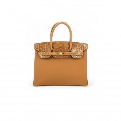 HERMÈS MASTER BIRKIN 25 CROCODILE AND TOGO LEATHER GOLDEN BROWN GOLD BUCKLE H076216CK42 (25*20*13cm)